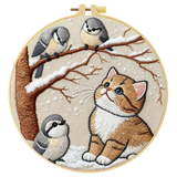 Winter Kitten & Snowbirds Embroidery DIY Kit – Cute Animal Hand Stitch Craft with Hoop & Threads