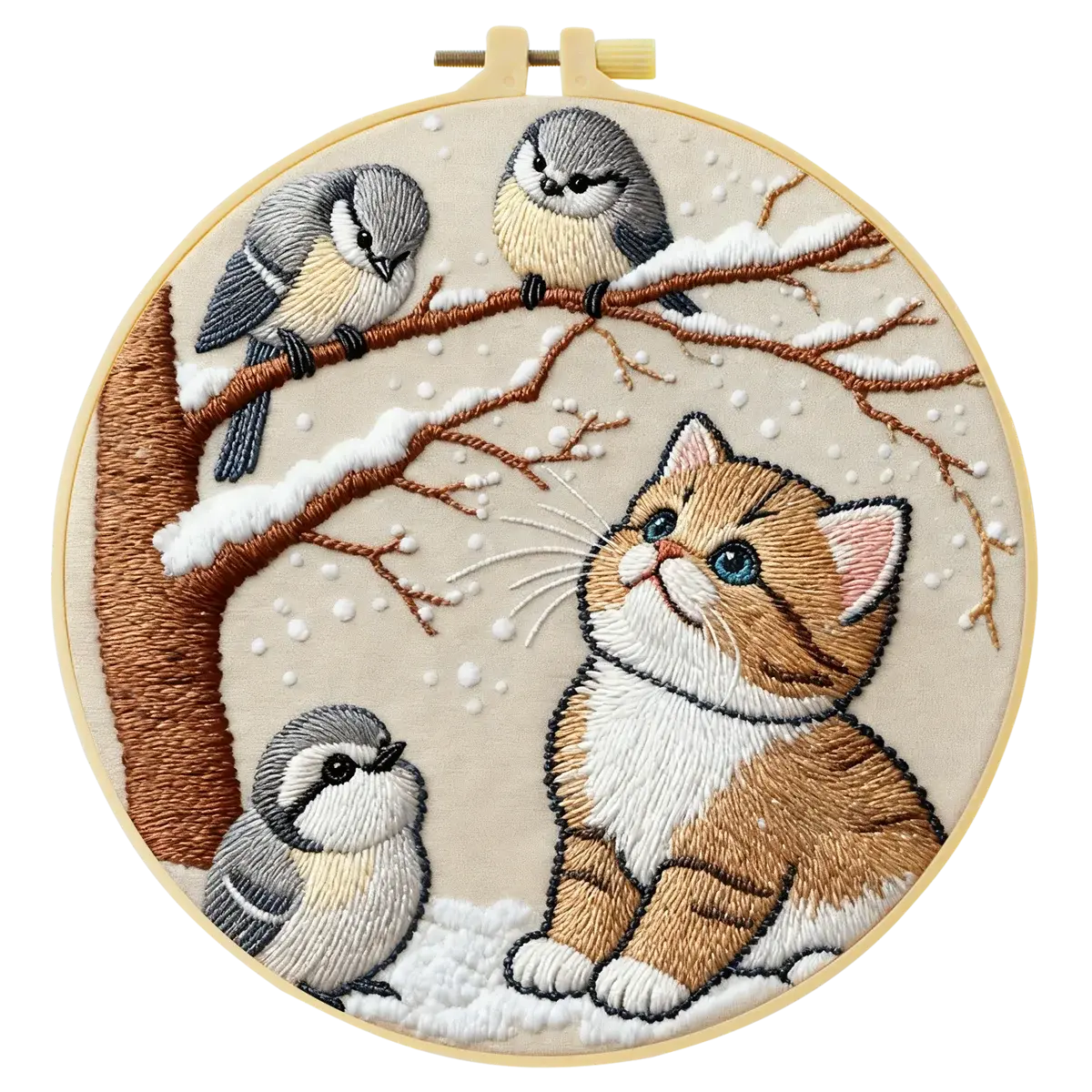 Winter Kitten & Snowbirds Embroidery DIY Kit – Cute Animal Hand Stitch Craft with Hoop & Threads The Stichers Heavane