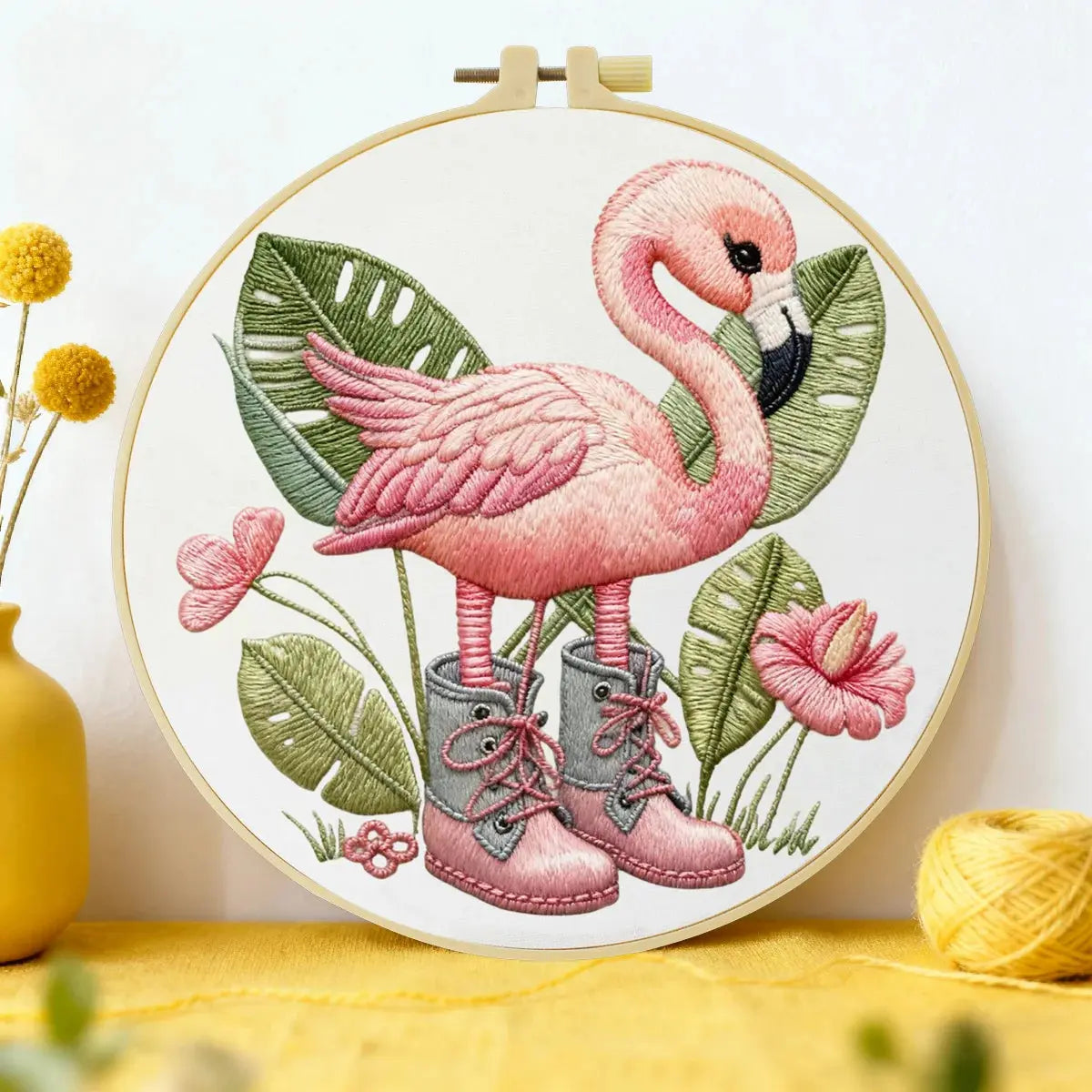 Pink Flamingo Embroidery Kit – Tropical Bird DIY Sewing Craft, Cute Summer Hoop Wall Art Decor Kits For Stitchers