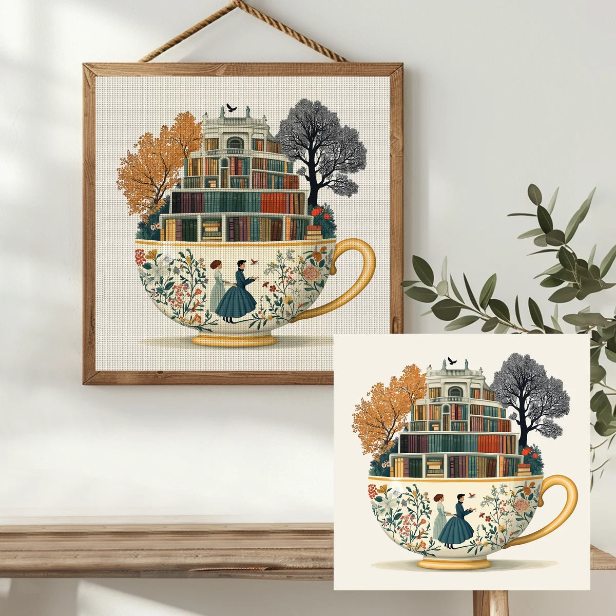 Enchanted Library Teacup Cross Stitch Kit 📚☕🌿✨