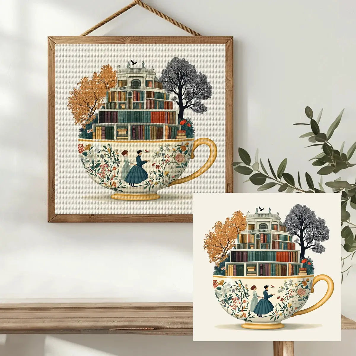 Enchanted Library Teacup Cross Stitch Kit 📚☕🌿✨ Kits For Stitchers