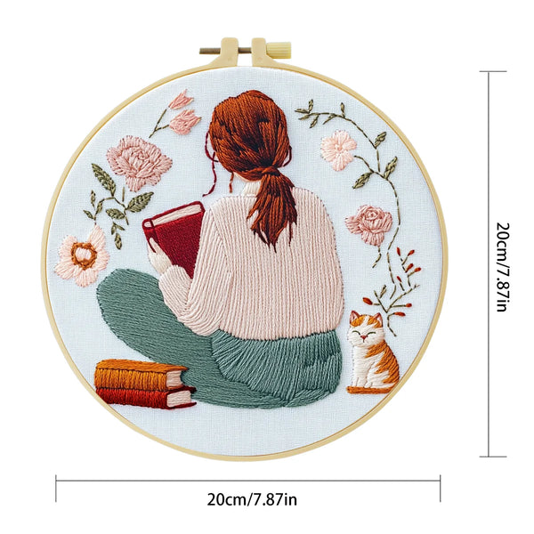 Girl Reading with Cat Embroidery Starter Kit