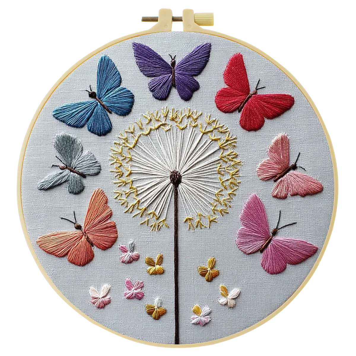 Butterflies & Dandelion Embroidery Kit – Colorful Nature Needlepoint Pattern with Whimsical Floral Wall Art Decor