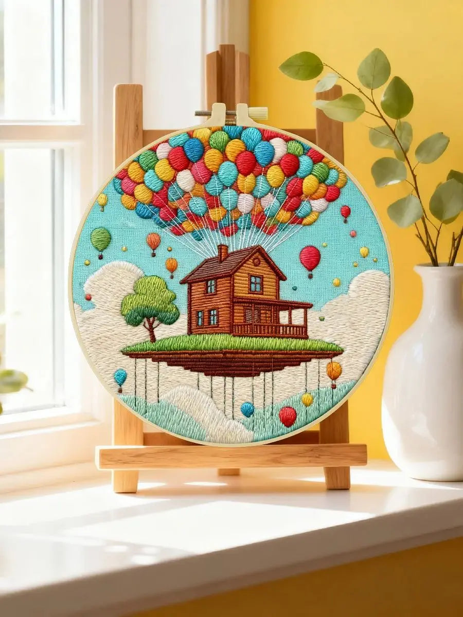 Floating House Balloon Embroidery Starter Kit – DIY Fantasy Landscape Sewing Art Set for Beginners