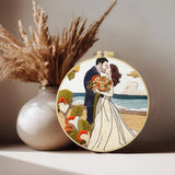 Romantic Beach Wedding Embroidery Kit – Newlywed Couple Needlepoint Pattern with Coastal Love Scene & Floral Details