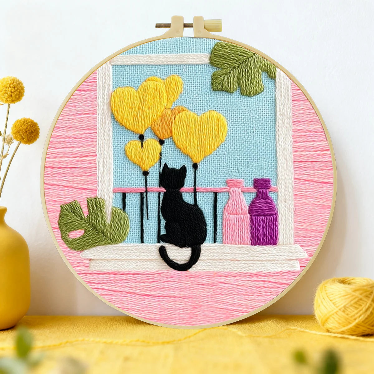 Black Cat & Heart Balloons Window Embroidery DIY Kit – Cute Home Decor Hand Stitching Craft with Hoop & Threads