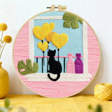 Black Cat & Heart Balloons Window Embroidery DIY Kit – Cute Home Decor Hand Stitching Craft with Hoop & Threads The Stichers Heavane
