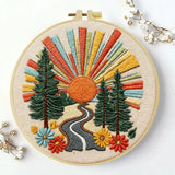 Retro Sunset Forest Embroidery Kit – Colorful Nature DIY Hand Embroidery Hoop Art Set