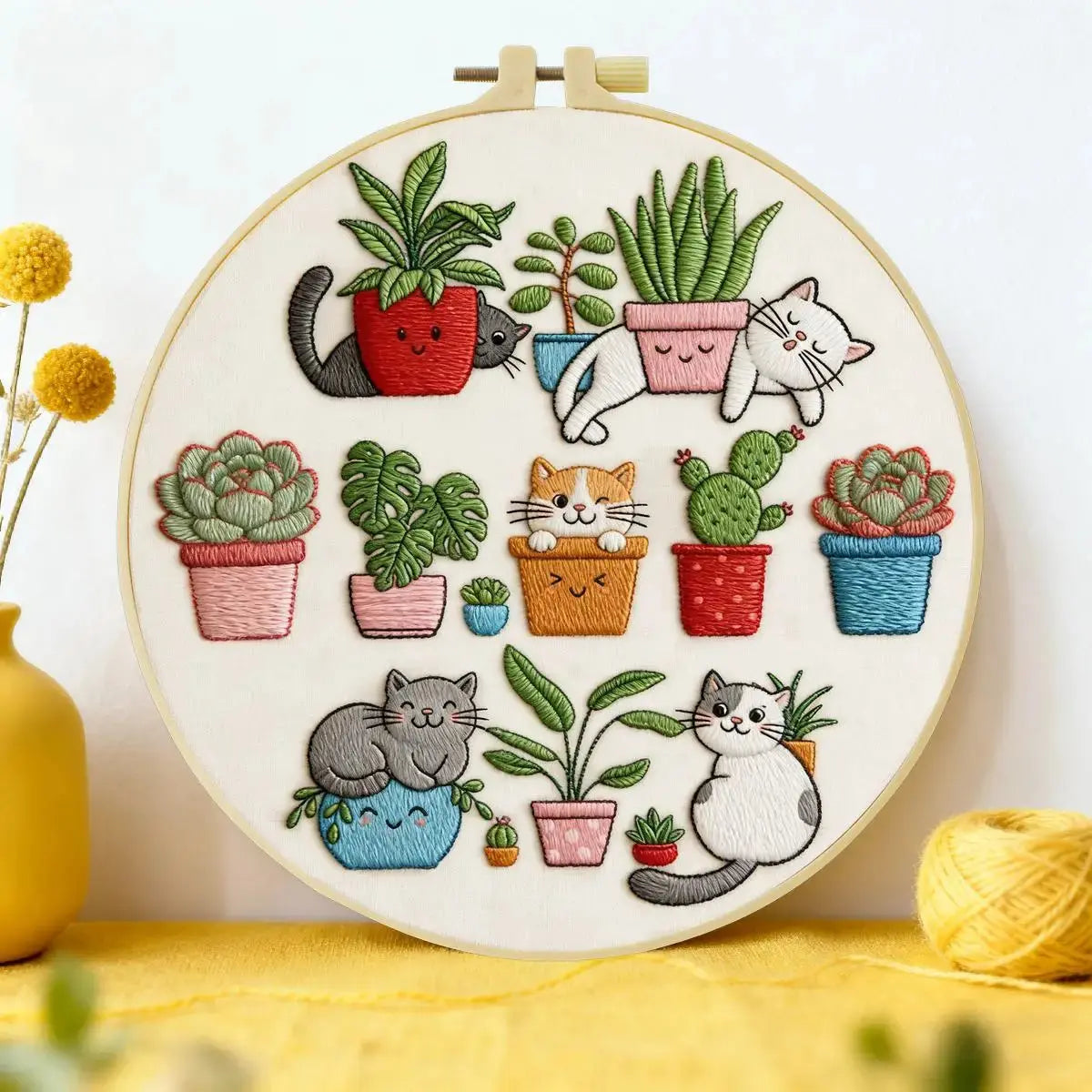 Cute Cats & Plants Embroidery Kit for Beginners – DIY Kawaii Hand Embroidery Hoop Set Kits For Stitchers