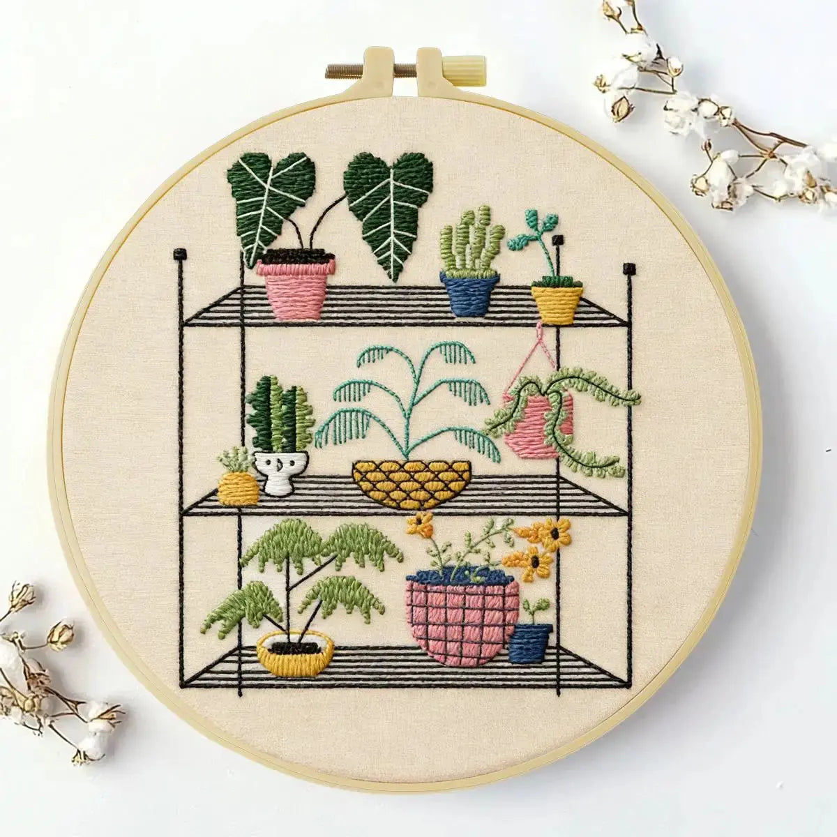 Indoor Plant Shelf Embroidery Kit – Cozy Houseplants DIY Hand Embroidery Hoop Art Set Kits For Stitchers