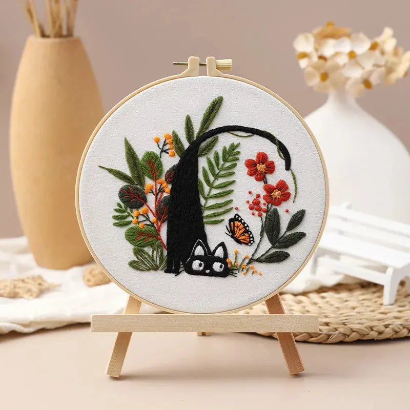 Cat & Floral Embroidery Kit The Stichers Heavane