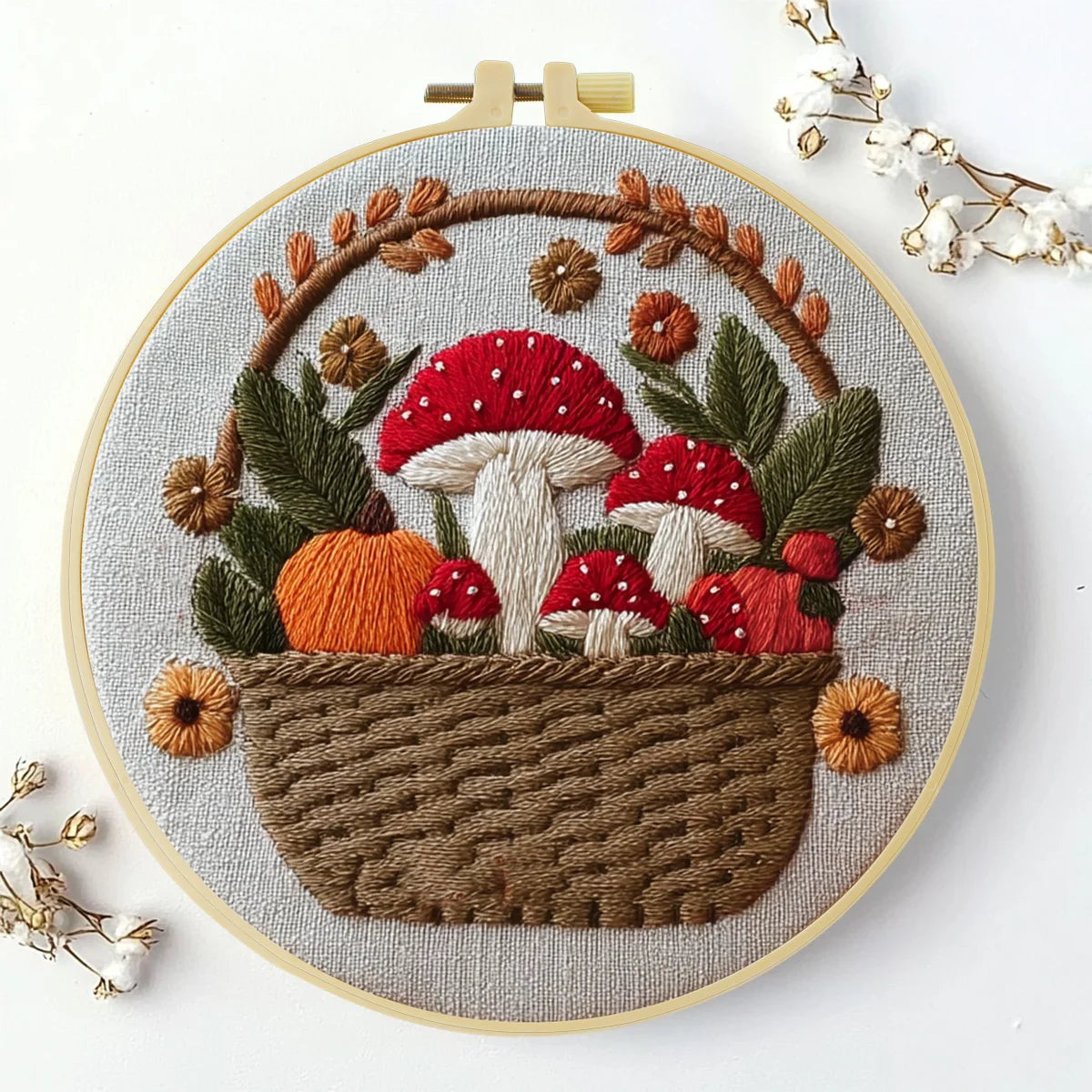 Hand-Embroidered Mushroom Basket Wall Art – Woodland Hoop Decor