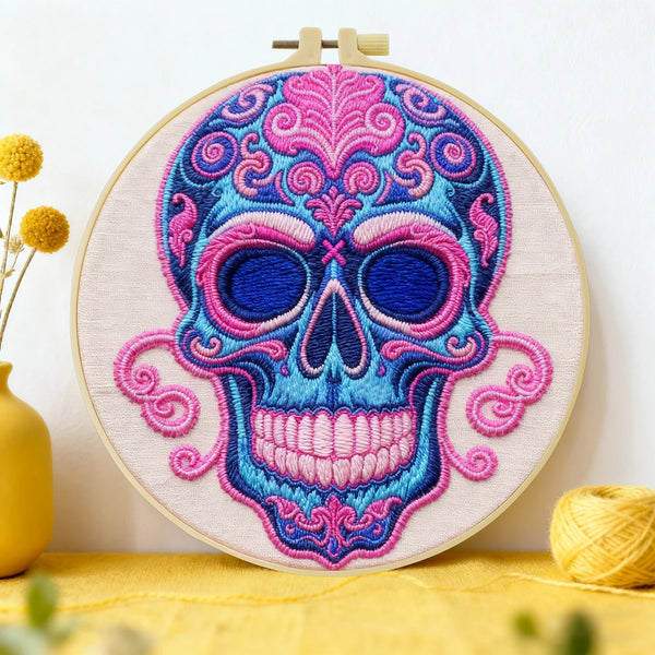 Sugar Skull Embroidery DIY Kit – Colorful Day of the Dead Beginner Stitching Kit with Hoop, Pattern & Threads