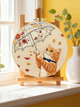 Cute Cat with Umbrella Embroidery Starter Kit DIY – Beginner Animal Hand Embroidery Kit with Autumn Design