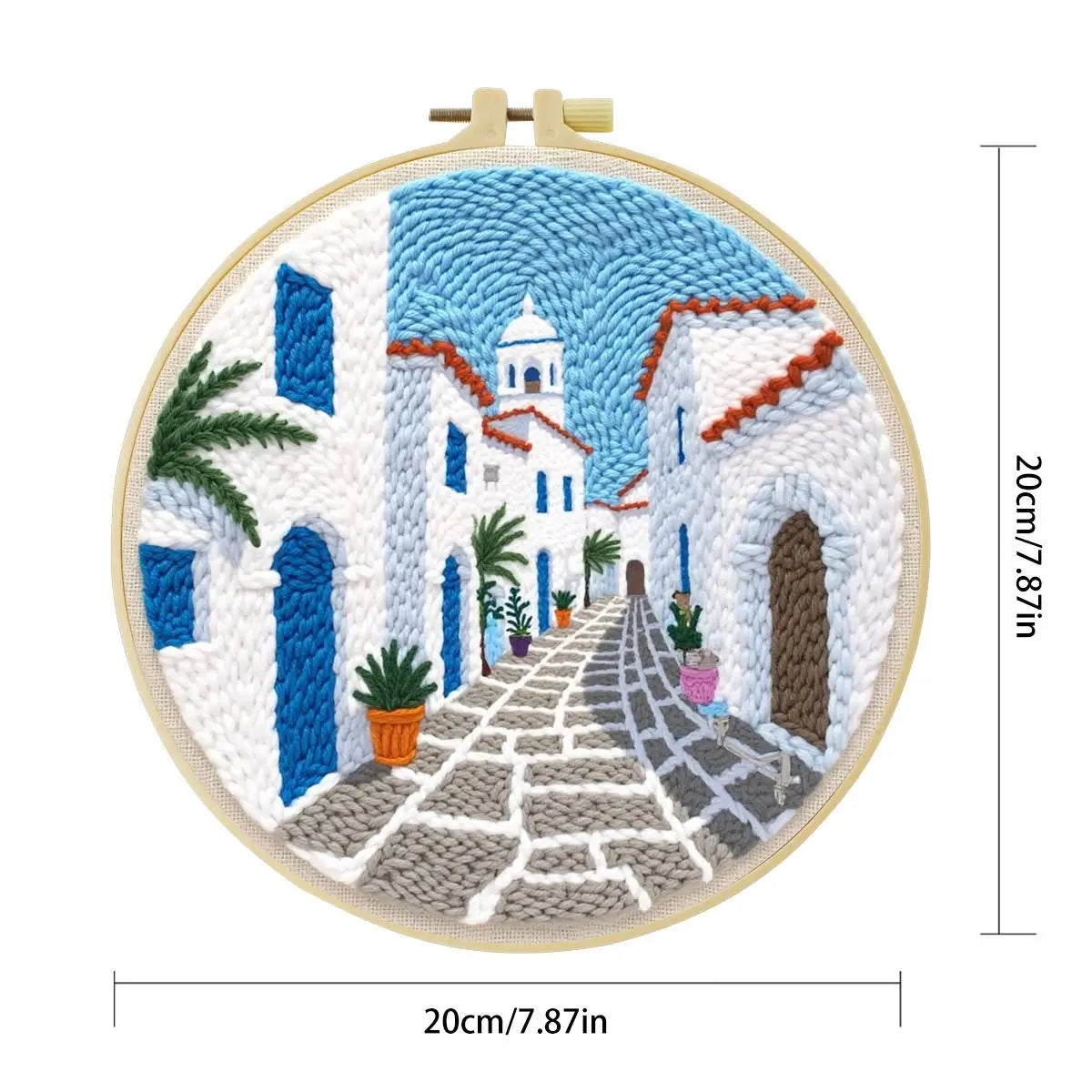 Mediterranean Greek Alley Embroidery Kit – Santorini Inspired Coastal Village DIY Needlepoint Hoop Art Travel Decor Craft Gift for Adults
