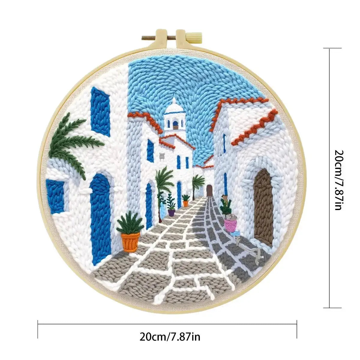 Mediterranean Greek Alley Embroidery Kit – Santorini Inspired Coastal Village DIY Needlepoint Hoop Art Travel Decor Craft Gift for Adults Kits For Stitchers
