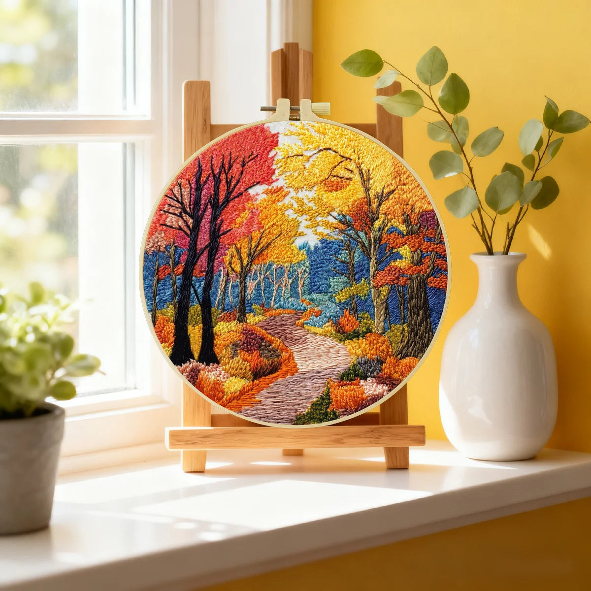 Autumn Forest Path Embroidery Kit – Colorful Fall Landscape DIY Hand Stitch Art with Hoop & Threads, Scenic Nature Wall Décor Craft Set