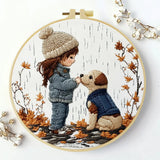 Little Girl & Puppy Embroidery Kit – Cozy Autumn Friendship Needlepoint Pattern for Dog Lovers and Whimsical Home Decor Kits For Stitchers
