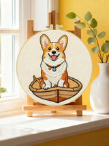 Cute Corgi Embroidery Kit – Adorable Puppy in Basket DIY Hand Stitch Craft Set with Hoop & Color Threads 🧵🐶