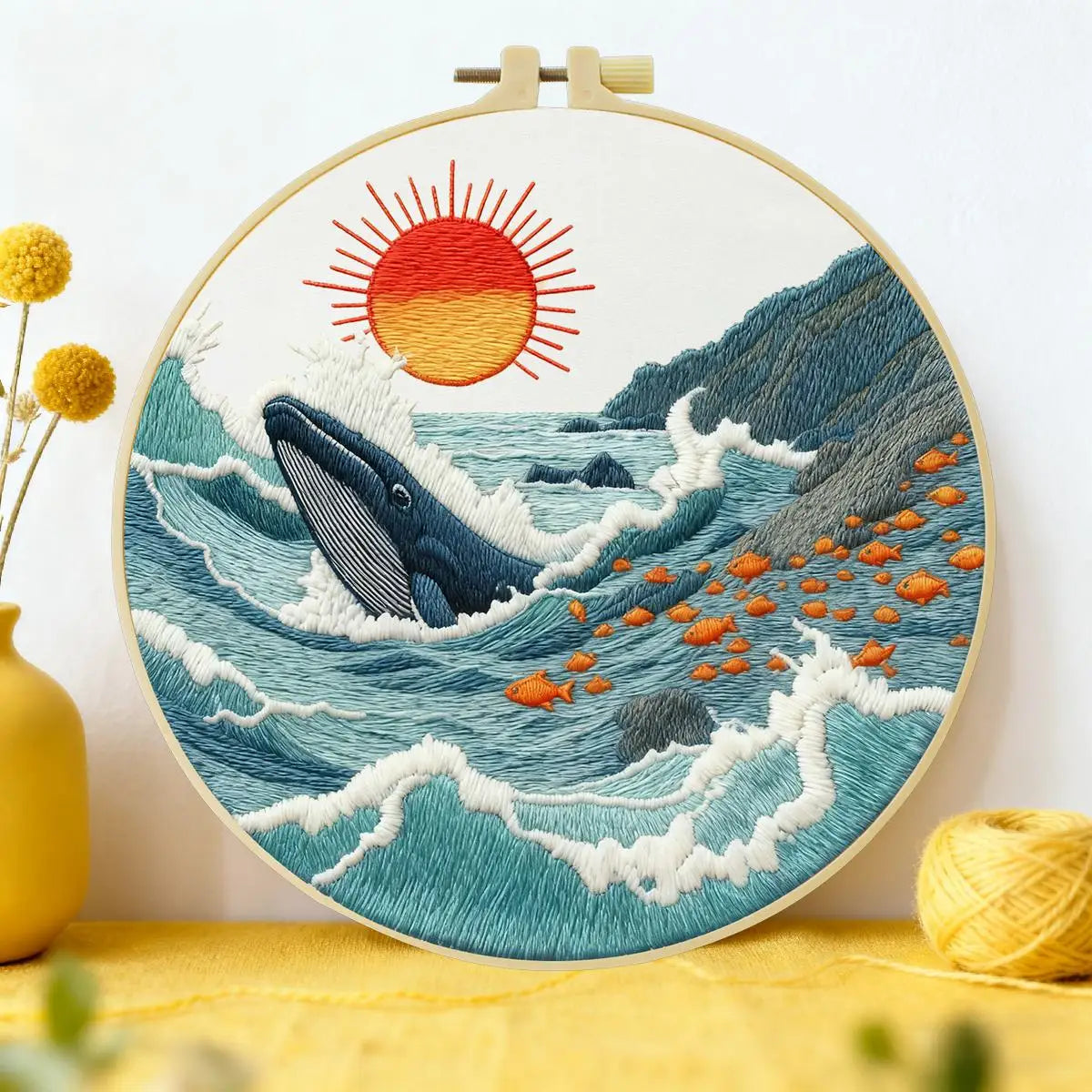 Ocean Whale Embroidery Kit – Coastal Sea Life DIY Hand Embroidery Hoop Art Set