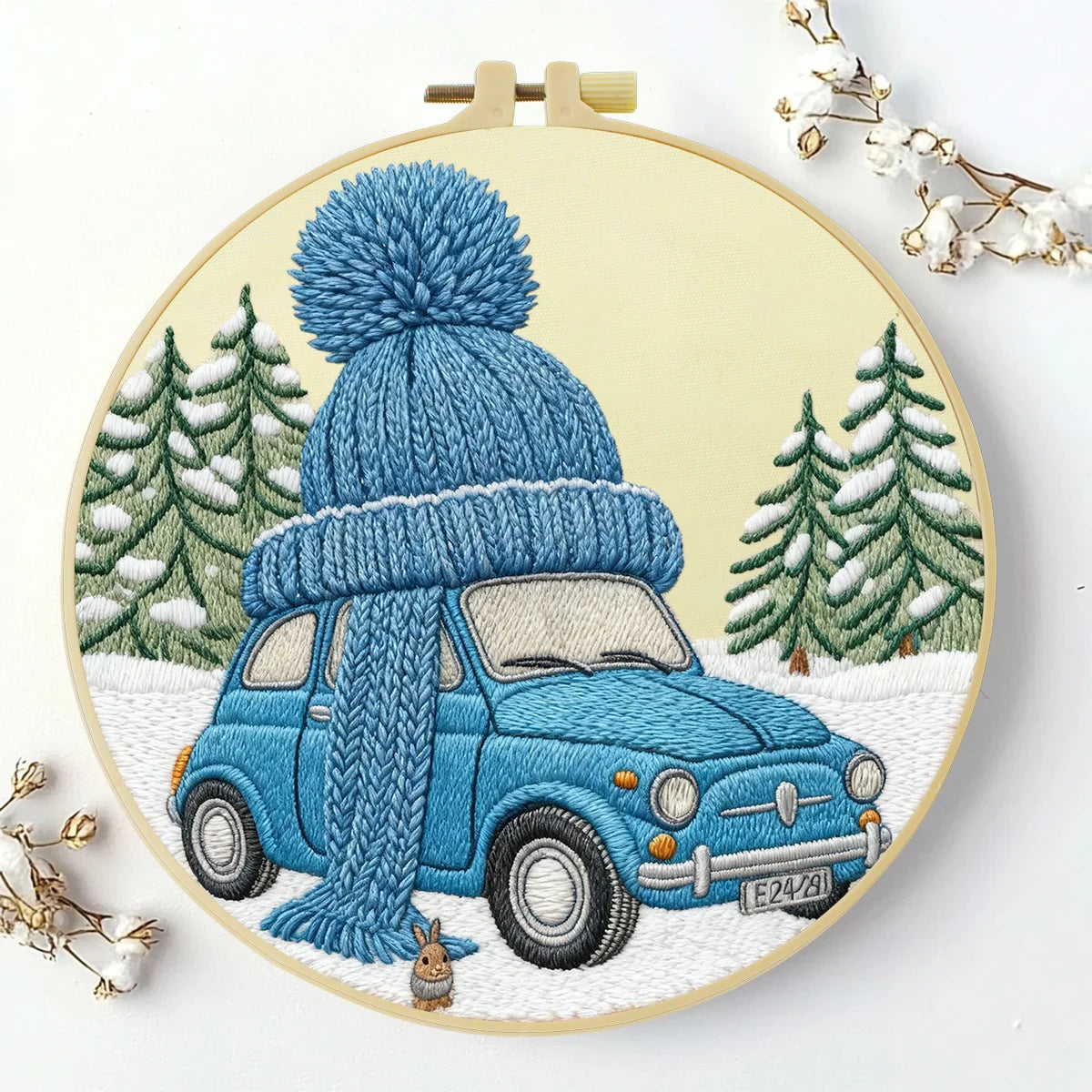 Winter Car Embroidery Starter Kit – DIY Cute Snowy Scene Sewing Art Set for Beginners