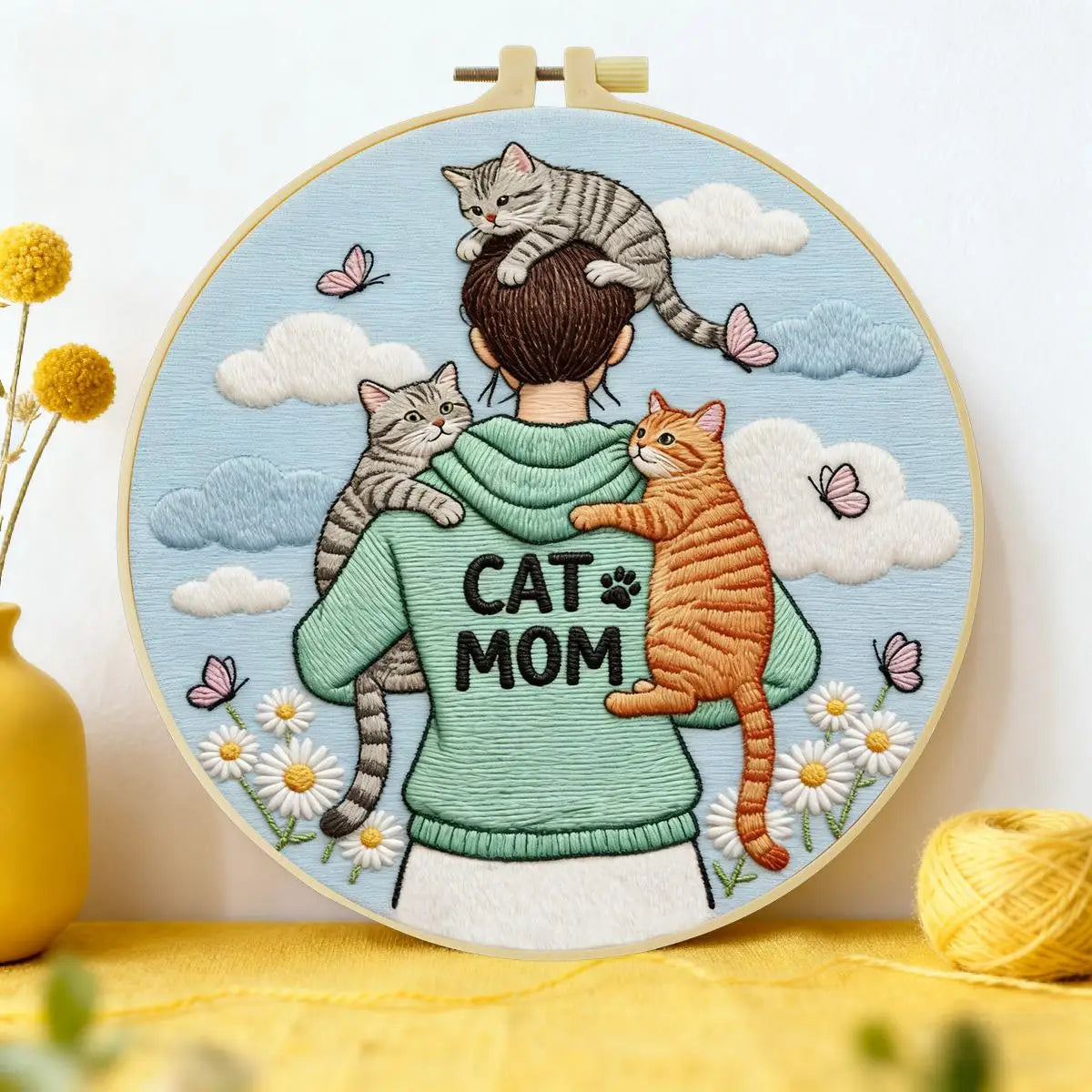 Cat Mom Punch Needle Wall Art – Handmade Embroidery Hoop Decor for Nursery & Cozy Rooms