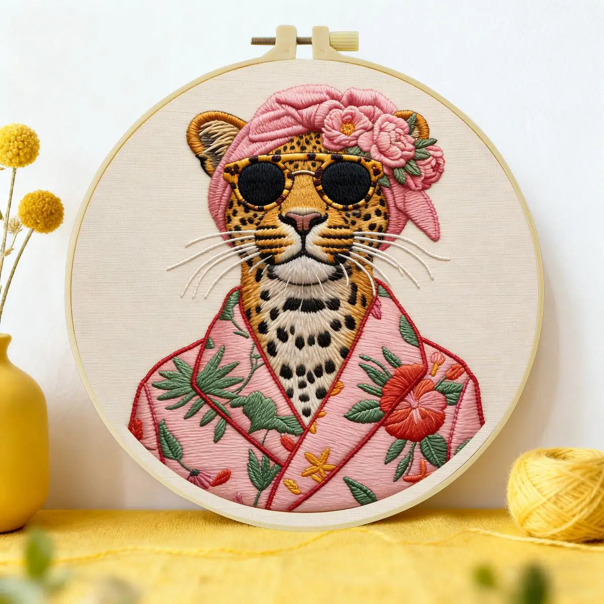 Stylish Leopard Punch Needle Wall Art – Handmade Embroidery Hoop Decor for Nursery & Cozy Rooms