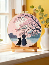 Cherry Blossom Moonlight Embroidery Kit – Peaceful Boy & Dog DIY Hand Embroidery Hoop Art Set