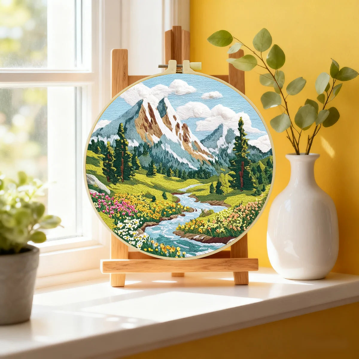 Mountain Wildflower Landscape Embroidery Kit – Alpine River Scenic DIY Needlepoint Hoop Art Nature Lover Craft Gift for Adults