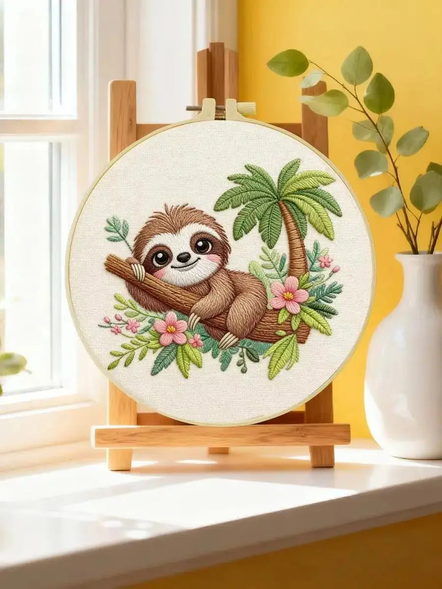 Cute Tropical Sloth Embroidery Kit 🦥🌿🌸 Kits For Stitchers