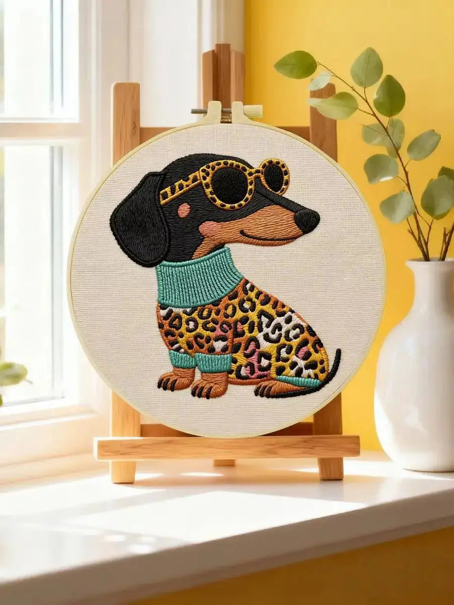 Leopard Chic Dachshund Embroidery Kit Kits For Stitchers