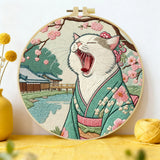 Japanese Kimono Cat Embroidery Kit – Cute Yawning Cat in Sakura Garden Needlepoint Pattern for Cat Lovers & Asian Decor