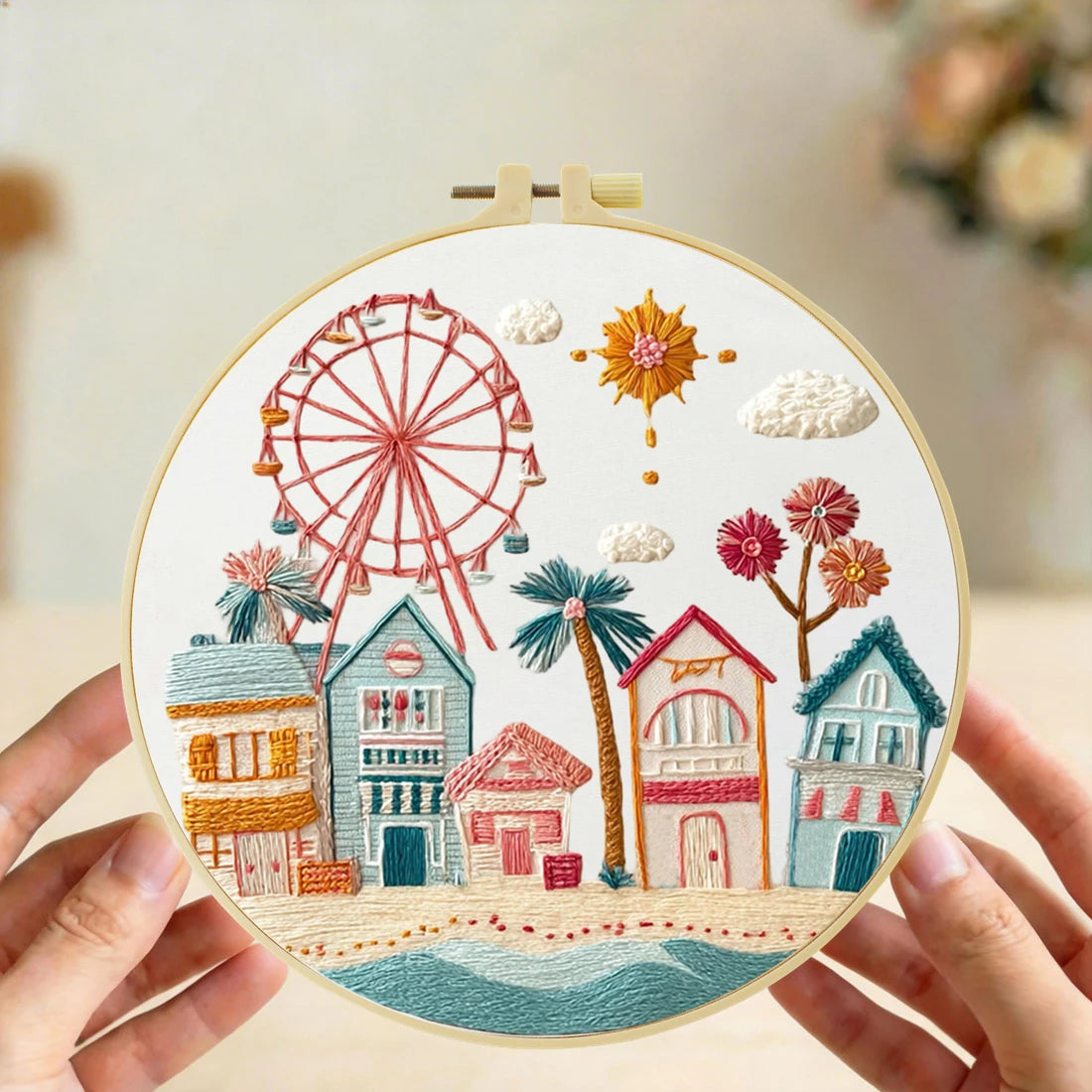 Whimsical Coastal Village Embroidery Kit – Pastel Beach Town & Ferris Wheel Needlepoint Pattern with Seaside Charm