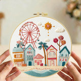 Whimsical Coastal Village Embroidery Kit – Pastel Beach Town & Ferris Wheel Needlepoint Pattern with Seaside Charm