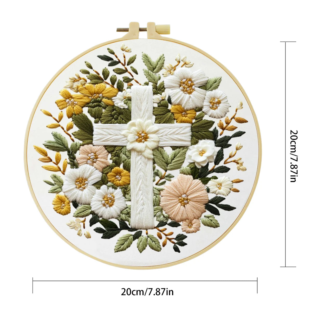 Floral Cross Embroidery Kit – Christian Needlepoint Pattern with Elegant White Flowers & Faith Inspired Wall Decor