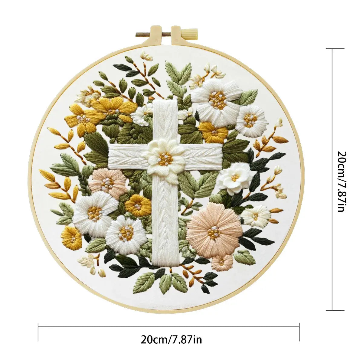 Floral Cross Embroidery Kit – Christian Needlepoint Pattern with Elegant White Flowers & Faith Inspired Wall Decor Kits For Stitchers