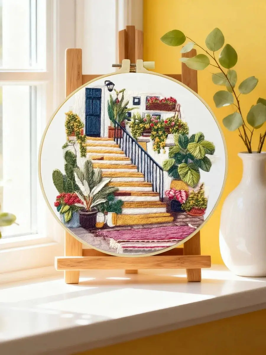 Mediterranean House & Garden Embroidery Starter Kit DIY – Beginner Landscape Hand Embroidery Kit