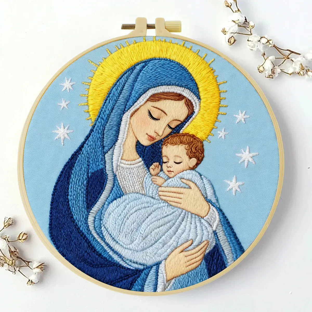Virgin Mary & Baby Jesus Embroidery Starter Kit DIY – Beginner Religious Hand Embroidery Kit with Sacred Art Design Kits For Stitchers