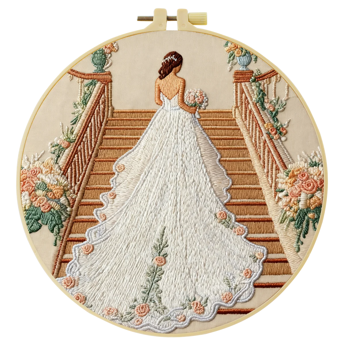 Handmade Bridal Staircase Embroidery Hoop Wall Art – Elegant Wedding Dress Floral Decor