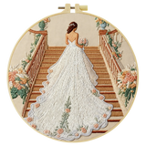 Handmade Bridal Staircase Embroidery Hoop Wall Art – Elegant Wedding Dress Floral Decor
