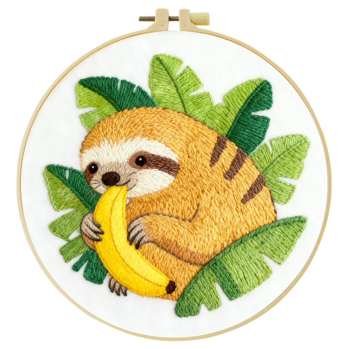 Cute Sloth Embroidery Kit with Banana – Tropical Animal DIY Hand Embroidery Hoop Art, Jungle Nursery Wall Decor Craft Kit