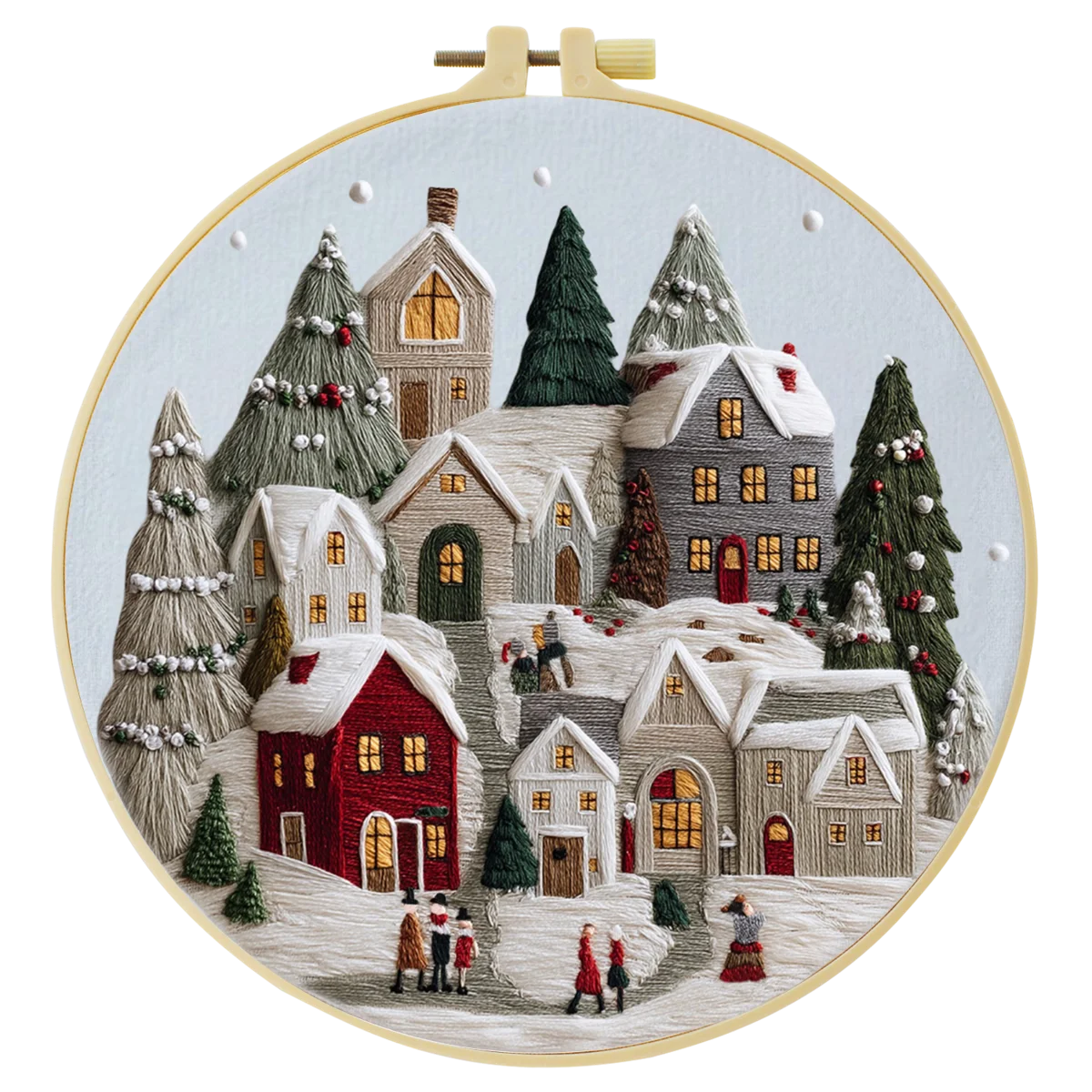 Handmade Winter Village Embroidery Hoop Wall Art – Cozy Christmas Cottage Fiber Decor