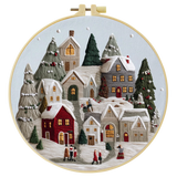 Handmade Winter Village Embroidery Hoop Wall Art – Cozy Christmas Cottage Fiber Decor