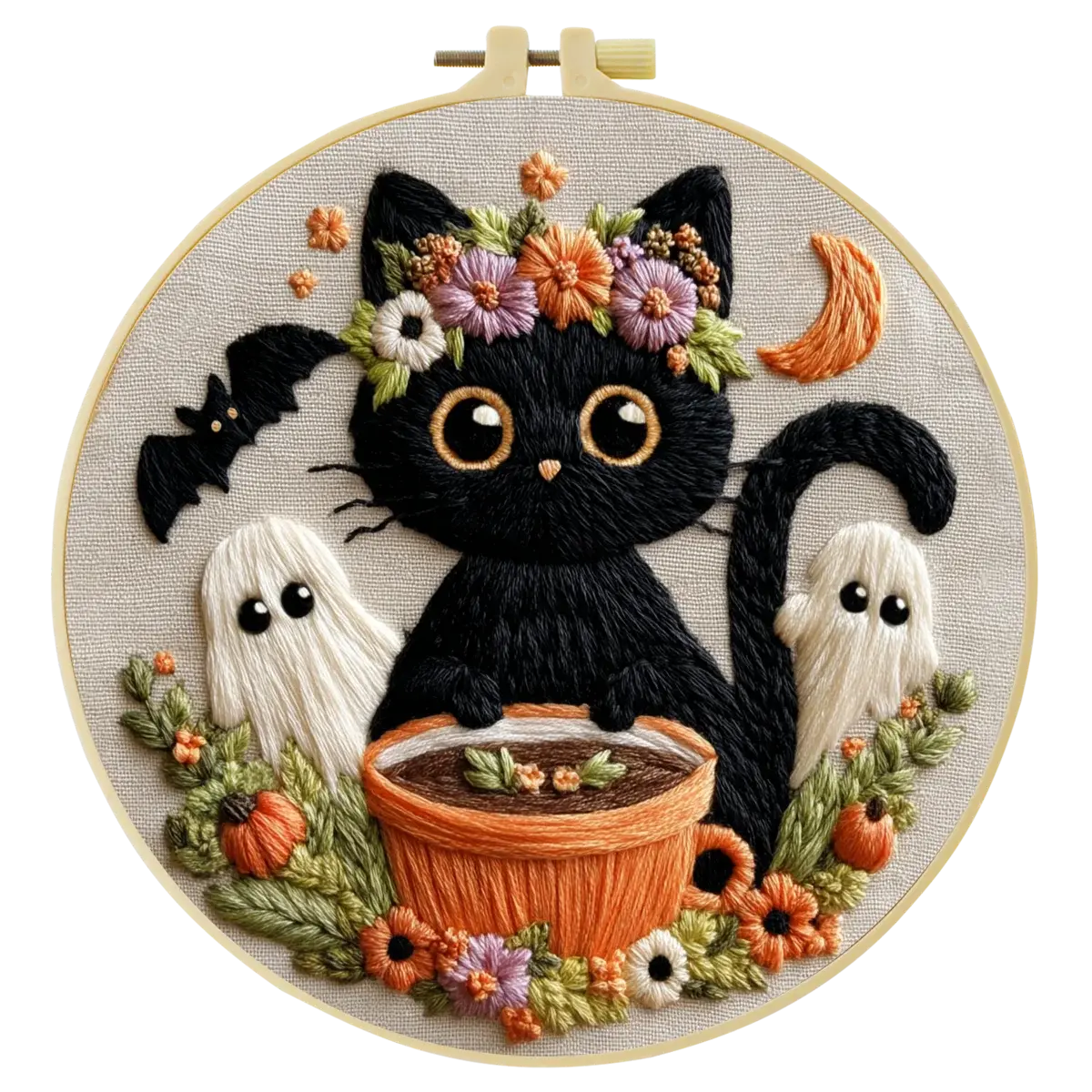 Hand-Embroidered Black Cat Halloween Hoop Art – Spooky Wall Decor The Stichers Heavane