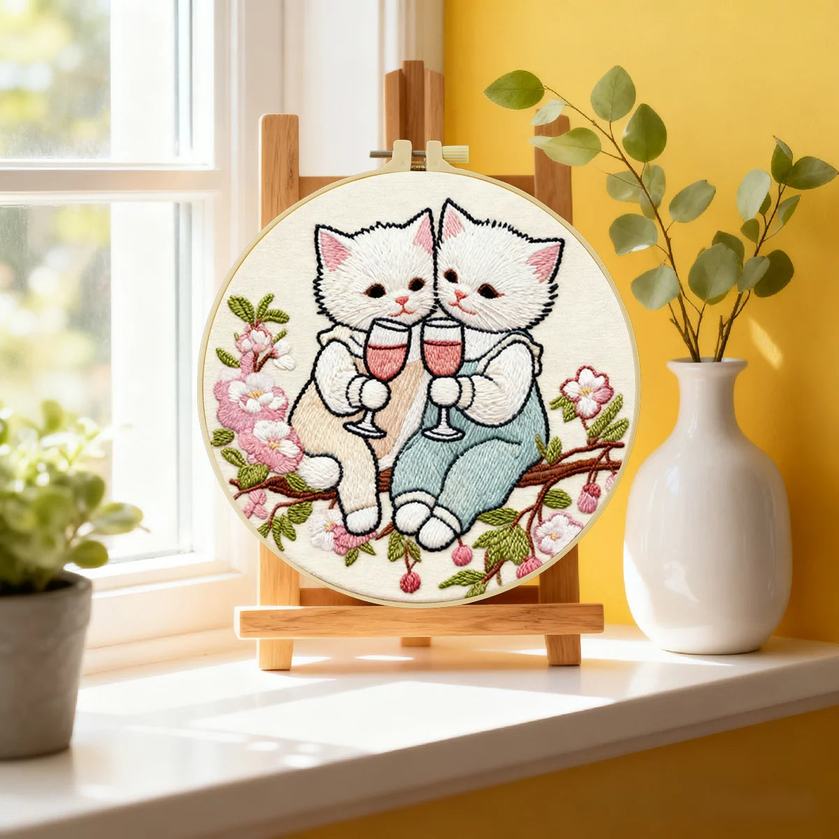 Cute Couple Cats Embroidery Starter Kit – DIY Romantic Animal Sewing Art Set for Beginners