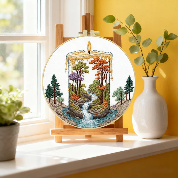 Waterfall Landscape Embroidery DIY Kit – Nature Scene Beginner Stitching Kit with Hoop, Pattern & Threads