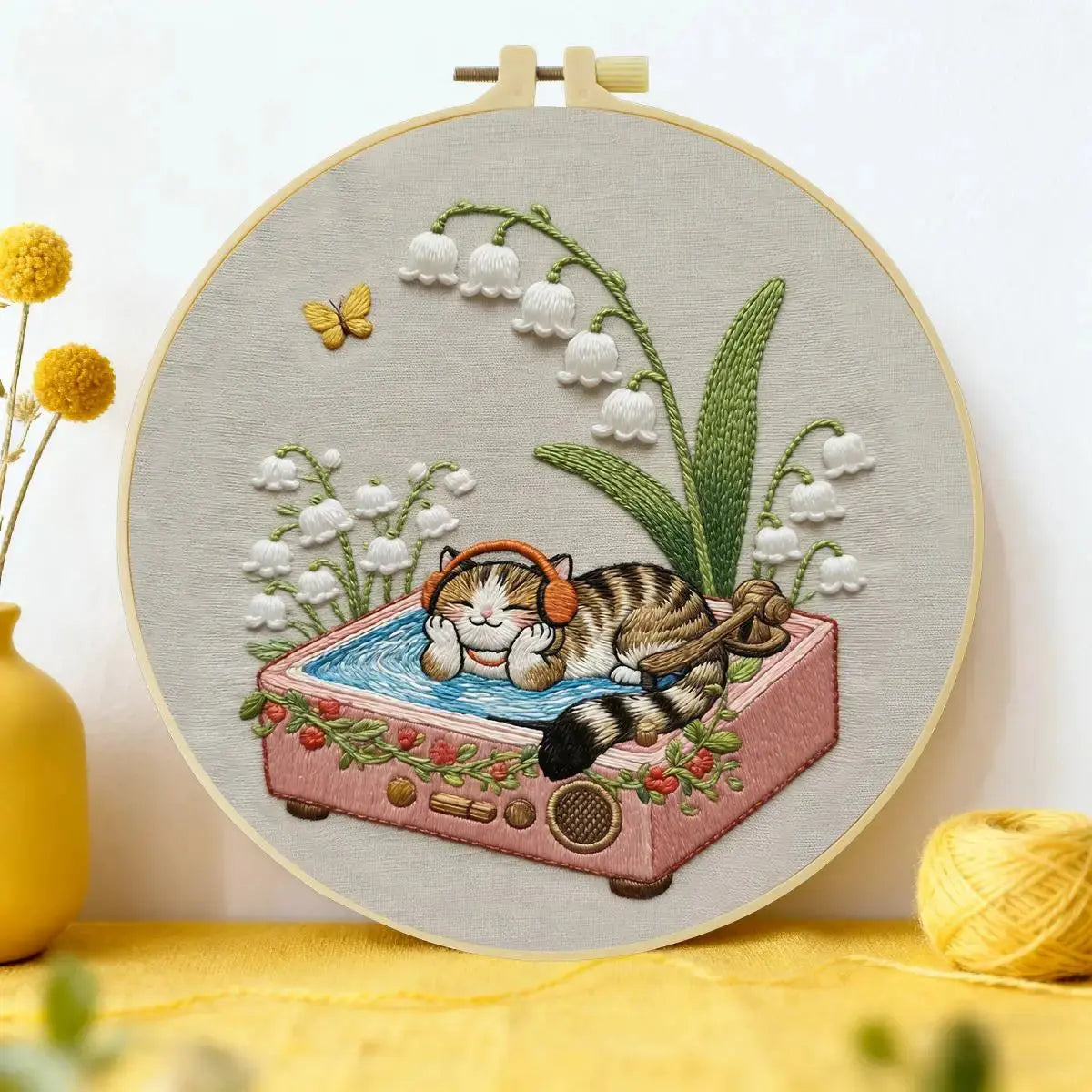 Cozy Cat & Lily of the Valley Embroidery Kit Kits For Stitchers