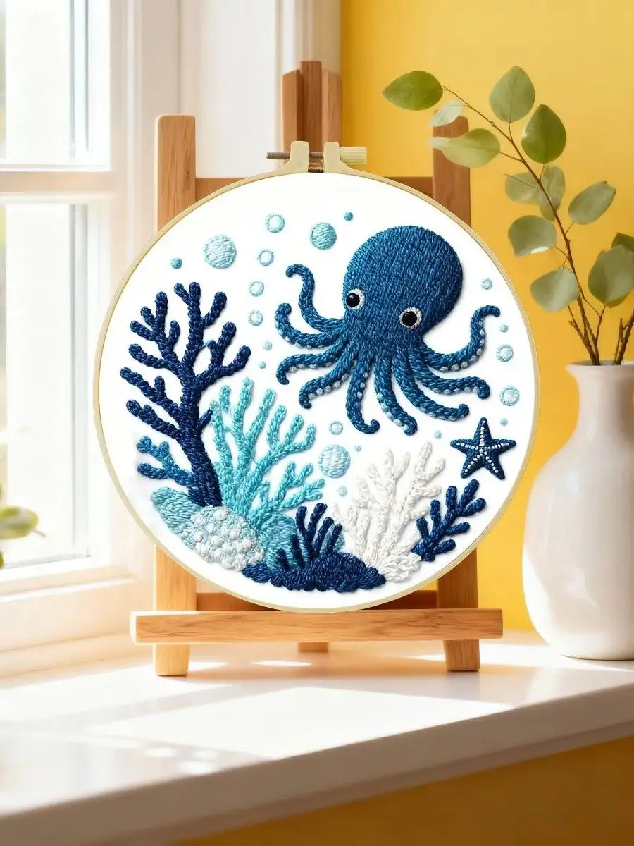 Cute Octopus Embroidery Kit – Ocean Sea Life DIY Hand Embroidery Hoop Art Set