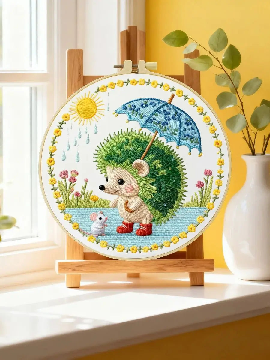 Cute Hedgehog Embroidery Kit – Woodland Animal with Umbrella DIY Sewing Craft, Whimsical Nursery Hoop Wall Art Decor