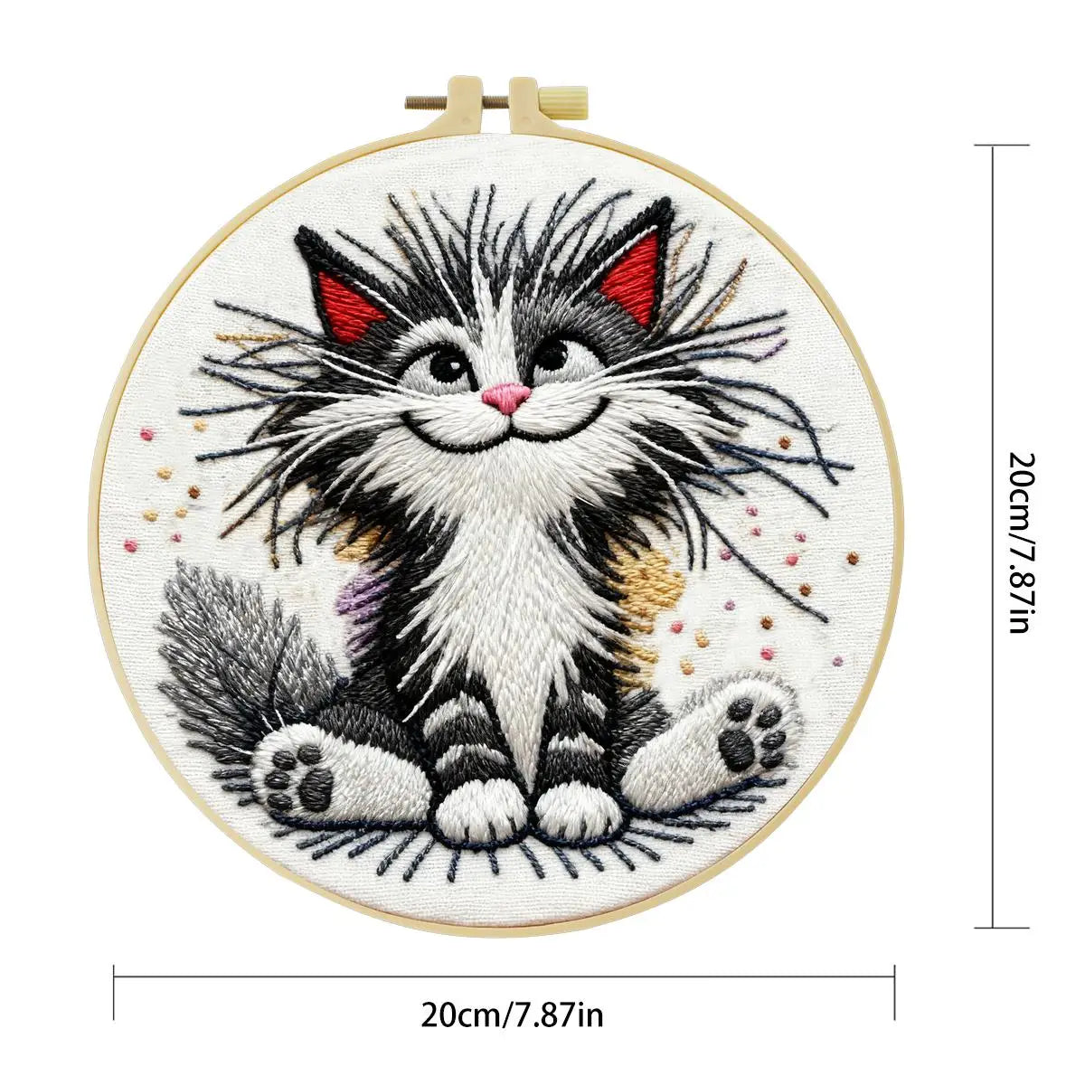 Fluffy Smiling Cat Embroidery Kit – Cute Black & White DIY Hand Embroidery Hoop Art Set